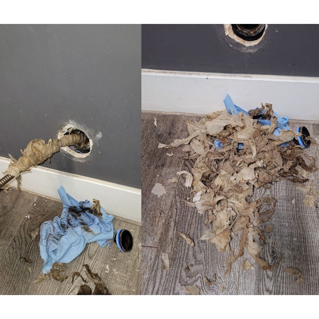 Sanitary wipes and Baby wipes pulled from a clogged train with our powerful hydrojetter