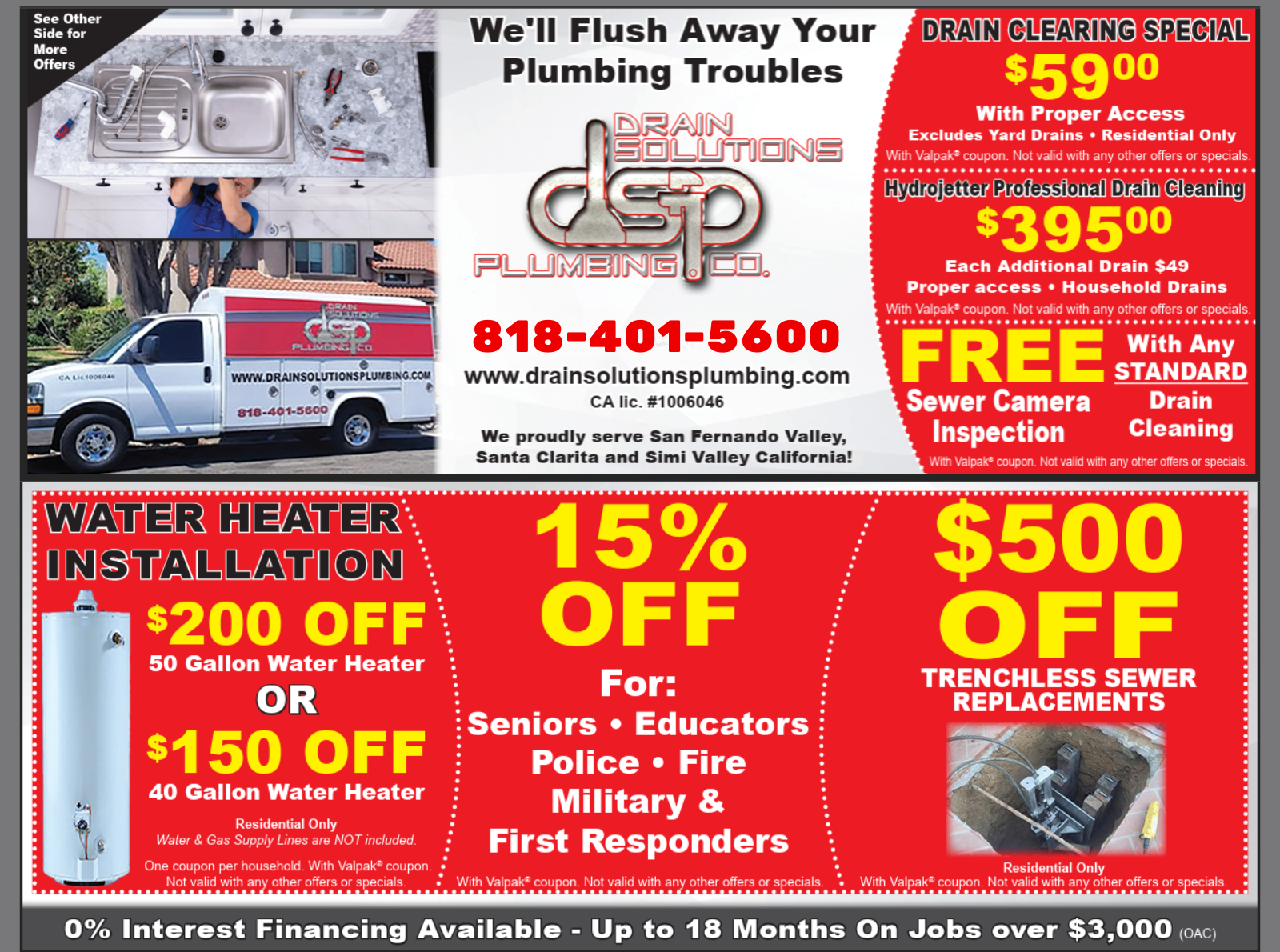 Drain Clearing, Hydro jetting, and water heater installation coupons.