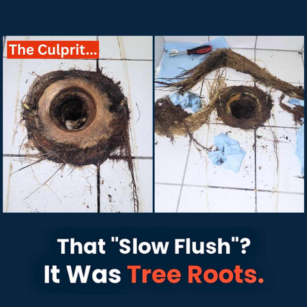 Tree roots found in toilet flange causing slow flushing toilet - Drain Solutions Plumbing San Fernando Valley